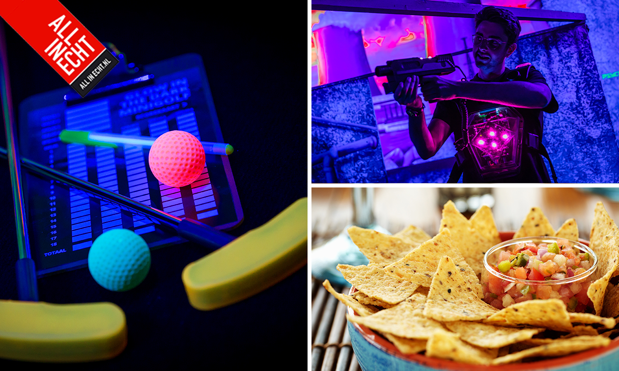 Glow in the Dark Minigolf of 2 rondes lasergamen + tortillachips bij All In Echt