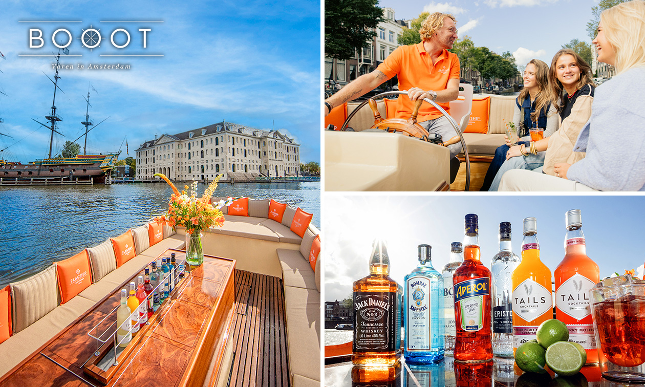 Rondvaart Amsterdamse grachten (1 uur) + live gids + (cocktail)bar aan boord