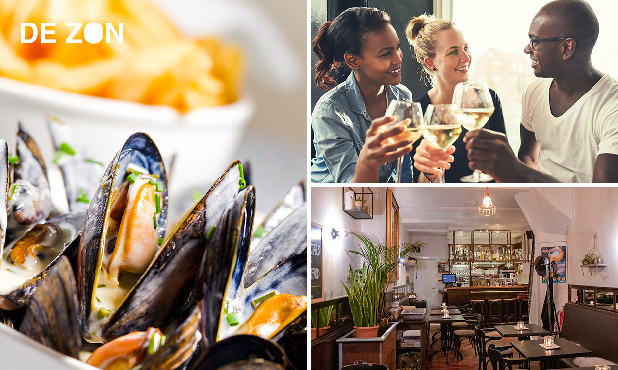 Zeeuwse Jumbomosselen à volonté + friet + glas wijn bij Brasserie De Zon in hartje Antwerpen
