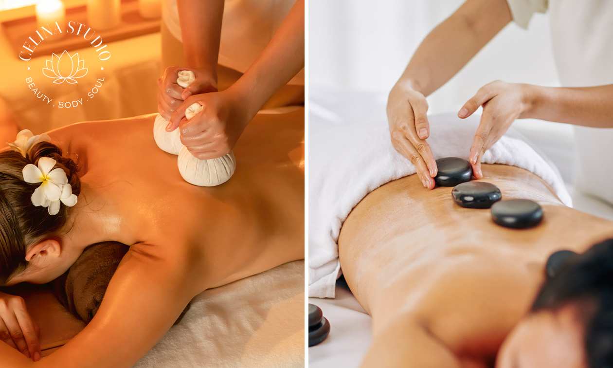 Hotstone- of kruidenstempelmassage (60 min)