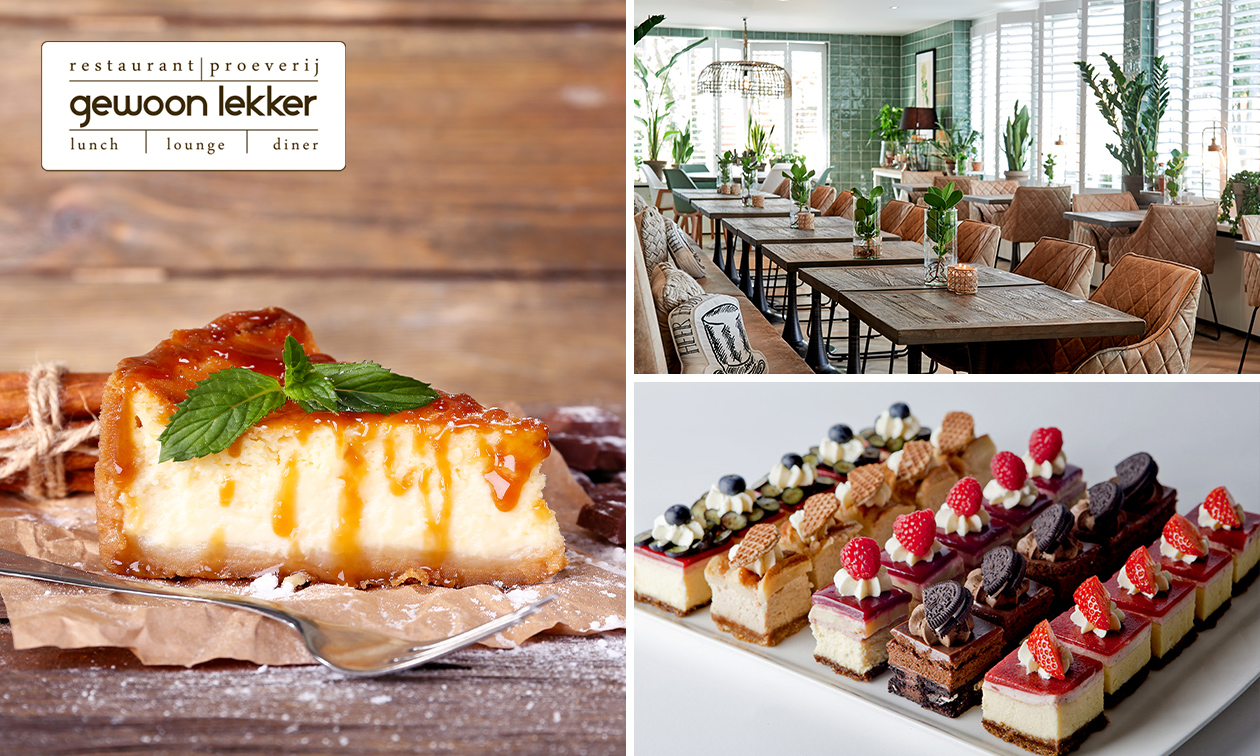 Cheesecake naar keuze + warme drank of 4 taartpunten of 6 petitfours bij Gewoon lekker