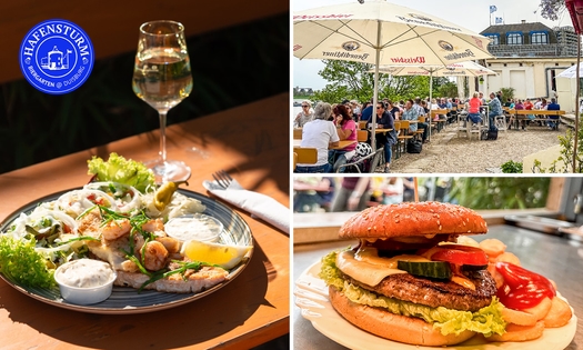 Fisch-Grillteller oder Burger nach Wahl mit Rheinblick in Duisburg