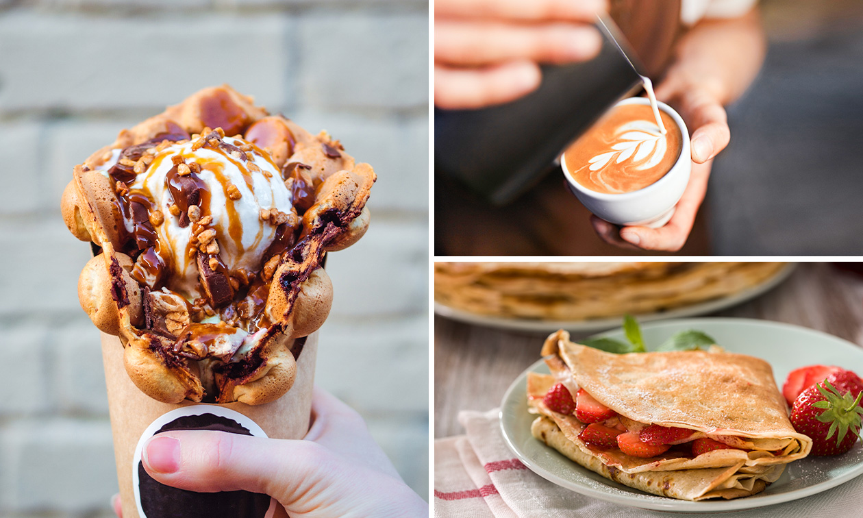 Waffel oder Crêpe nach Wahl inklusive Heißgetränk nach Wahl Waffel oder Crêpe nach Wahl inklusive Heißgetränk nach Wahl