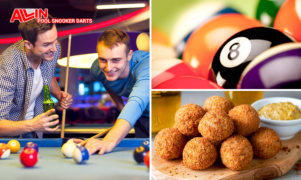 Poolen of snooker (1 of 2 uur) met 2 tot 8 pers. + bitterballen