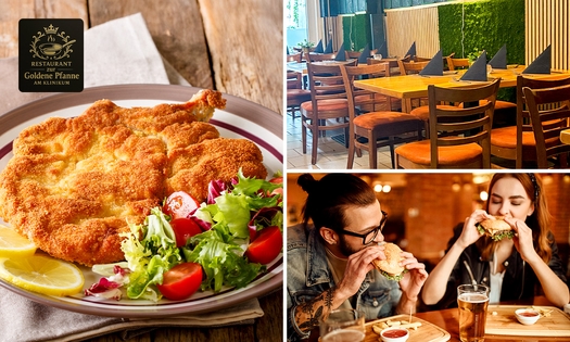 2-Gänge-Burger- oder Schnitzel-Menü nach Wahl zum Mitnehmen oder vor Ort essen