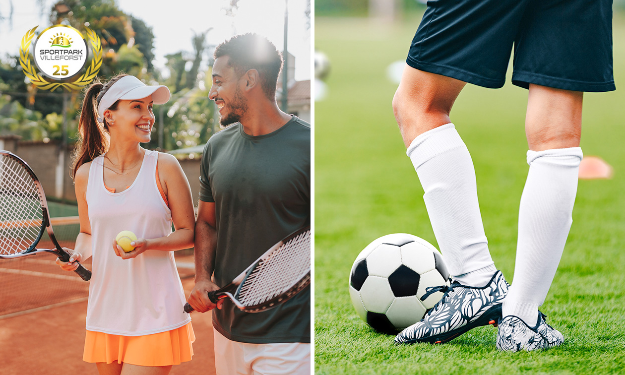 1 Stunde Tennis oder Fußball spielen + 2 Schläger und Bälle oder Leibchen & Ball