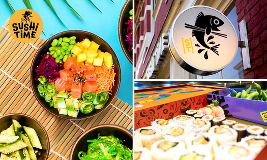 Sushibox (16, 32 of 72 stuks) of pokébowl + snack om af te halen bij Sushi Time Baarn