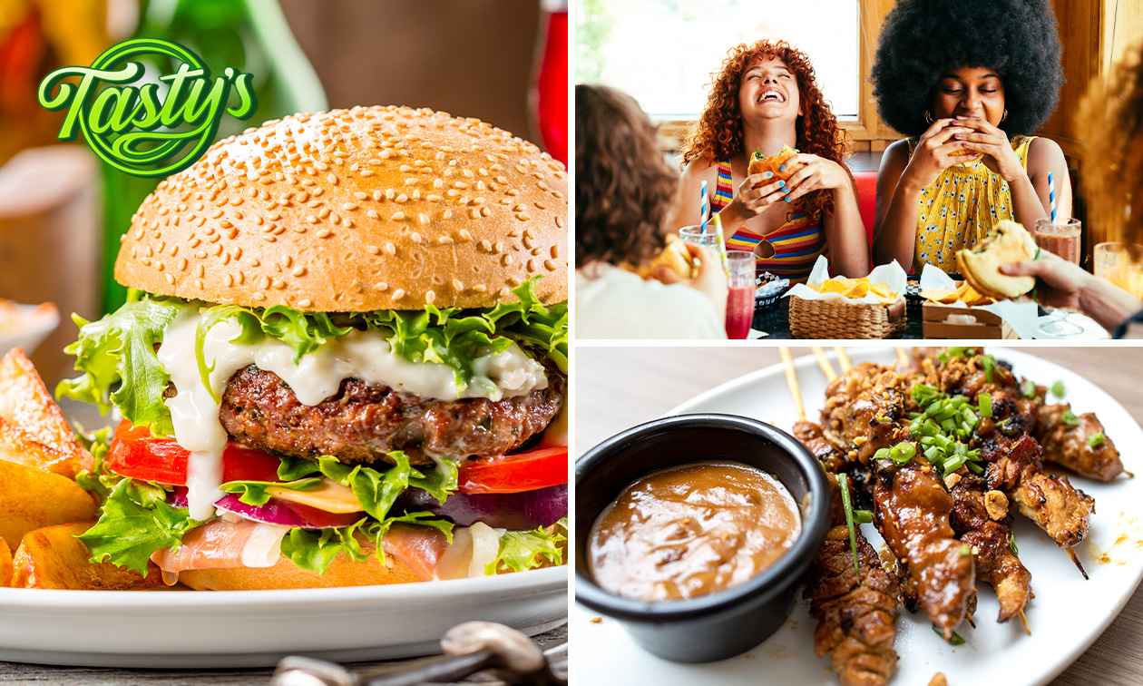 Hamburger of saté + friet + saus voor dine-in of afhaal bij Tasty's