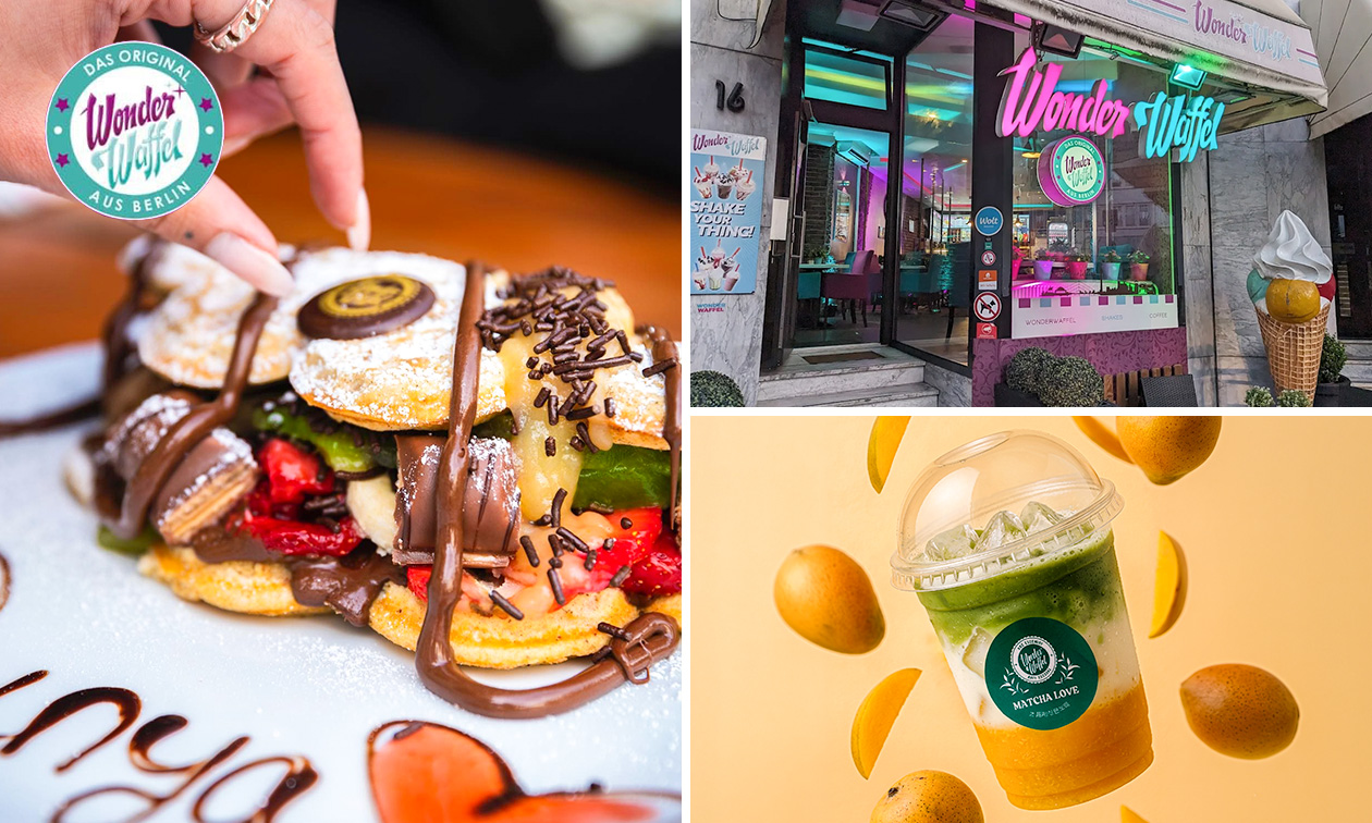 Waffel nach Wahl + Heißgetränk + opt. Kugel Eis oder 4er-Karte Matcha Latte